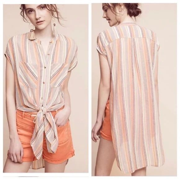 Anthropologie Holding Horses Women's Med Stripe Merida Side Slit Button Up Shirt - Picture 1 of 9